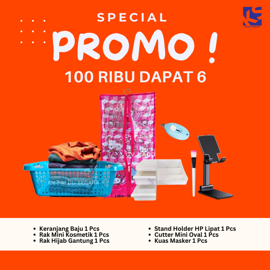 PAKET HEMAT 100 RIBU ISI 6 PRODUK | KERANJANG BAJU, RAK MINI, RAK HIJAB, STAND HOLDER HP, KUAS MASKE