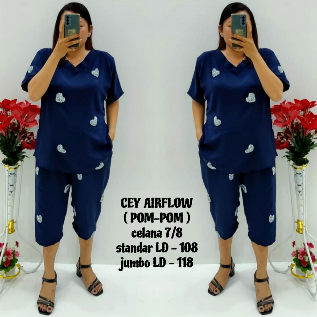 CNC - Stelan Viral Wanita Dewasa Terbaru/Stelan Celana 7/8 V Cringkel PomPom Motif Timbul Standar Dan Jumbo