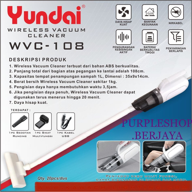 Yundai Vacum Cleaner Wireless tanpa Kabel WVC 108 Penyedot Debu