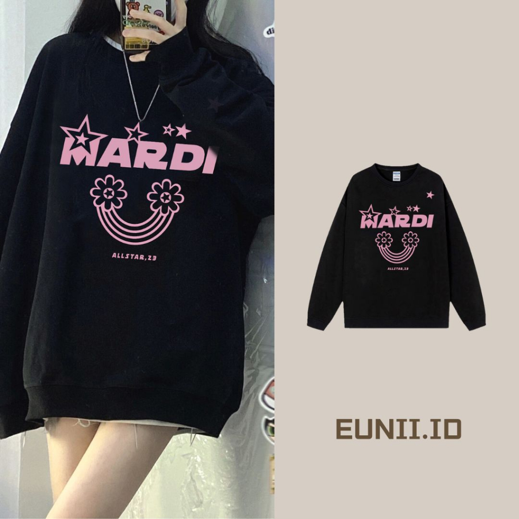 EUNII Sweater Lengan Panjang Cartoon Pink Mardi Star Printing Korean Style/Sweater Crop/Baju Wanita/Switer Wanita/Switer