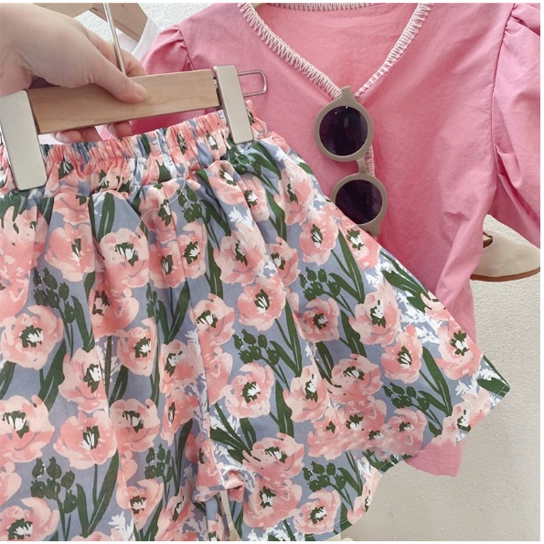 SET ANAK CEWEK CASUAL HOTPANTS PINK BUNGA ROSE PINK FLOWER SIZE 100-140