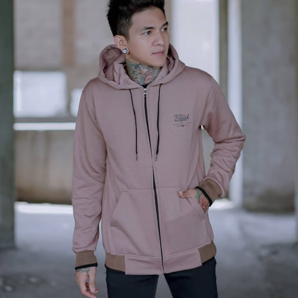 SWEATER HOODIE ZIPPER cowok Sweatshirt Pria BOJIEL Mocca Polos lengan seri BJSL132