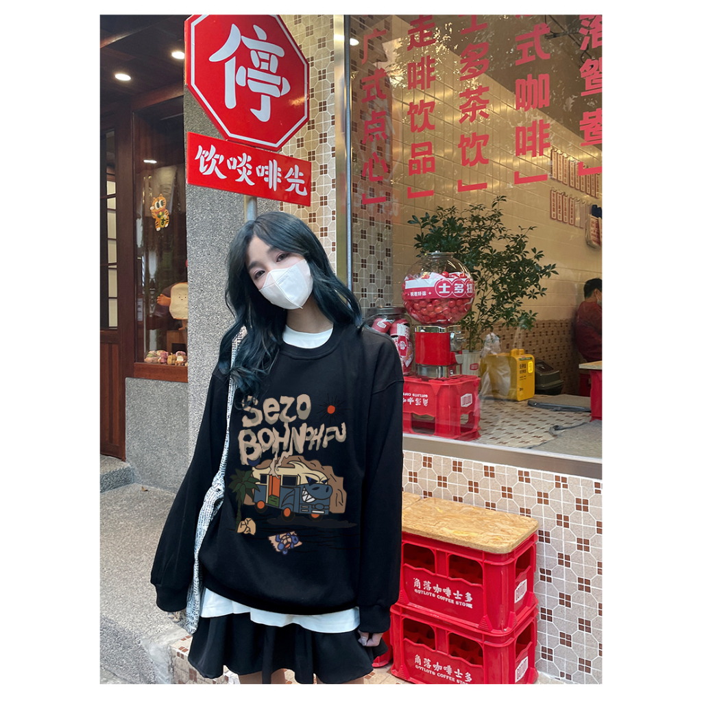 XiaoZhaiNv Korean Style Bus Hiu Pattern Lengan Panjang Baju Sweater Wanita A0501