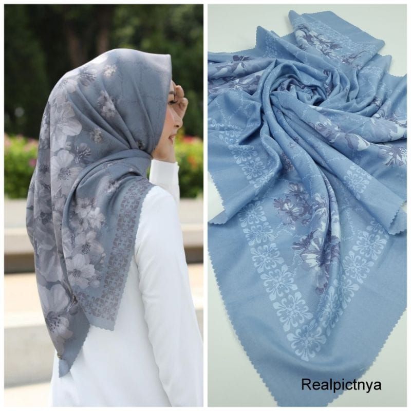 Hijab Voal Motif Premium Jilbab Segi Empat Motif BUNGA BIRU LANGIT
