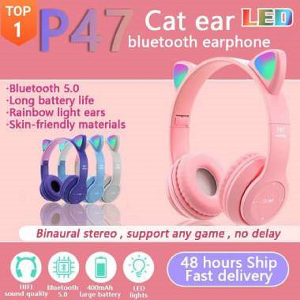 Headphone Headset Karakter Telinga Kucing Bluetooth Wireless Cute Cat Led P47