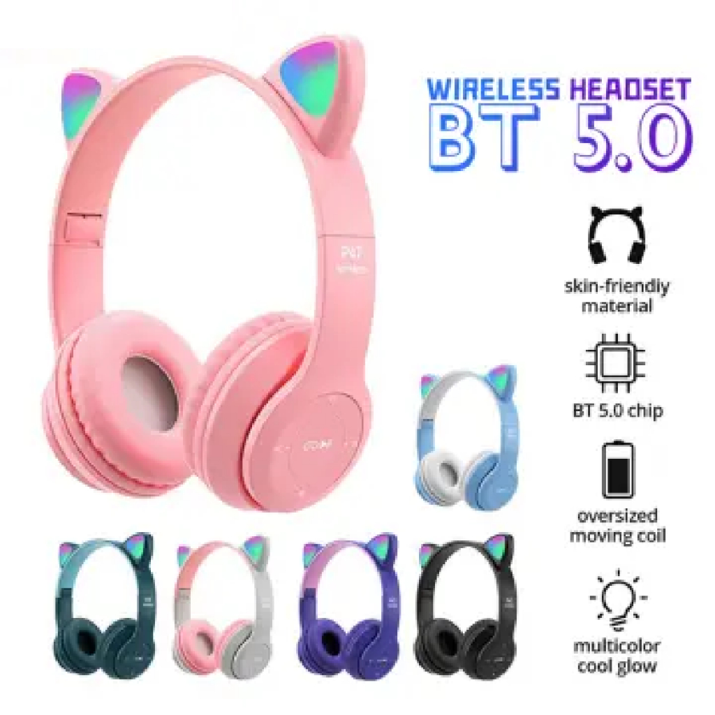 Headphone Headset Karakter Telinga Kucing Bluetooth Wireless Cute Cat Led P47