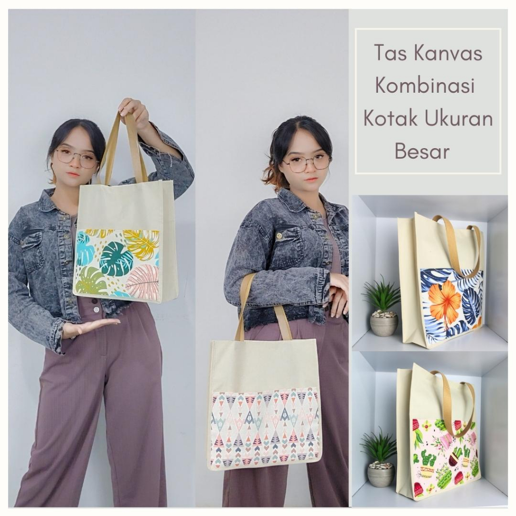 [100% Foto Asli] Tas Kanvas Kombinasi Kotak Ukuran Besar / Tas Kanvas Simple Besar