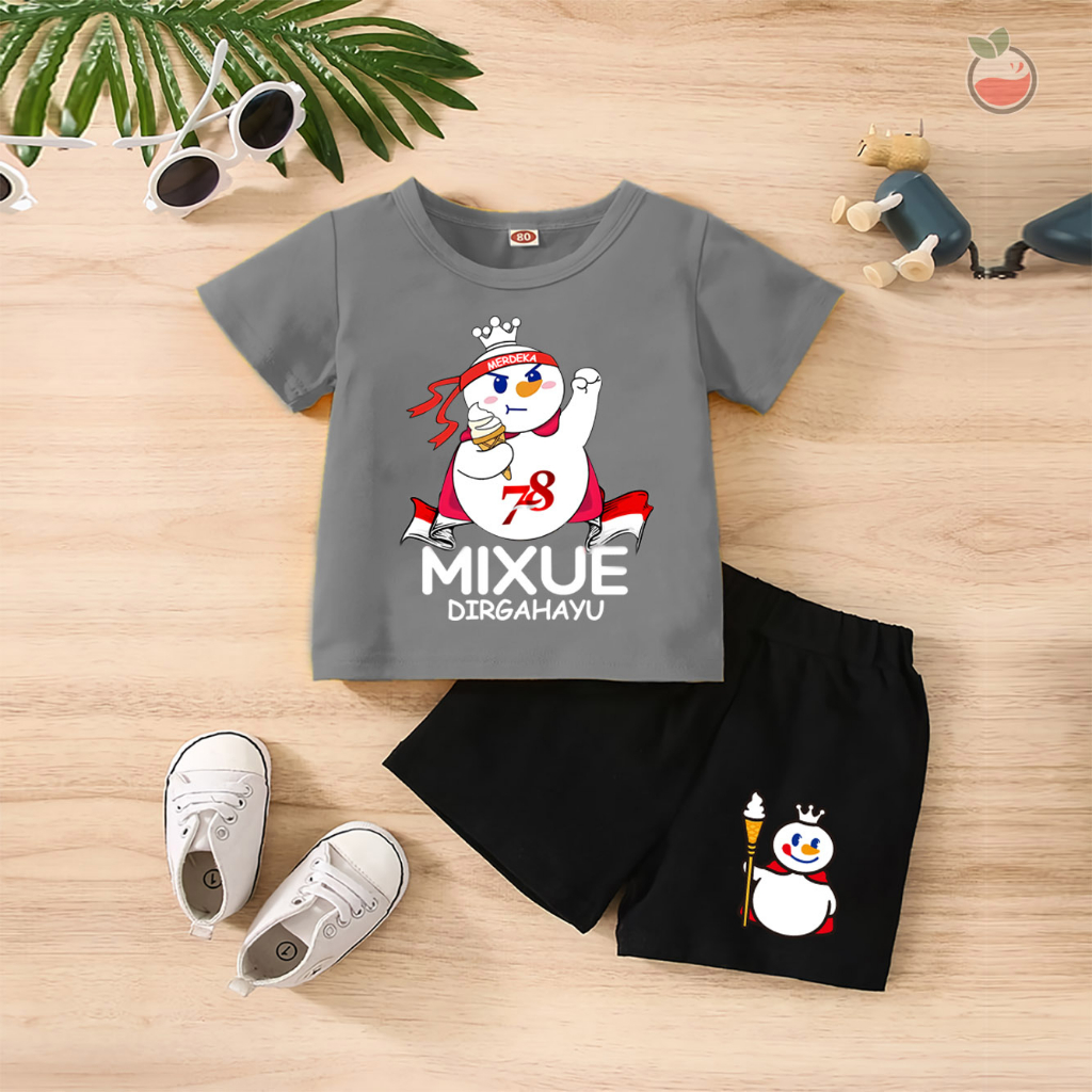 Baju Anak Stelan Kaos 3/4 MIXUE FIGHT HUT RI 78 NKRI INDONESIA PANCASILA Cowok Cewek  Usia 1 - 4  Tahun Celana Pendek Harian