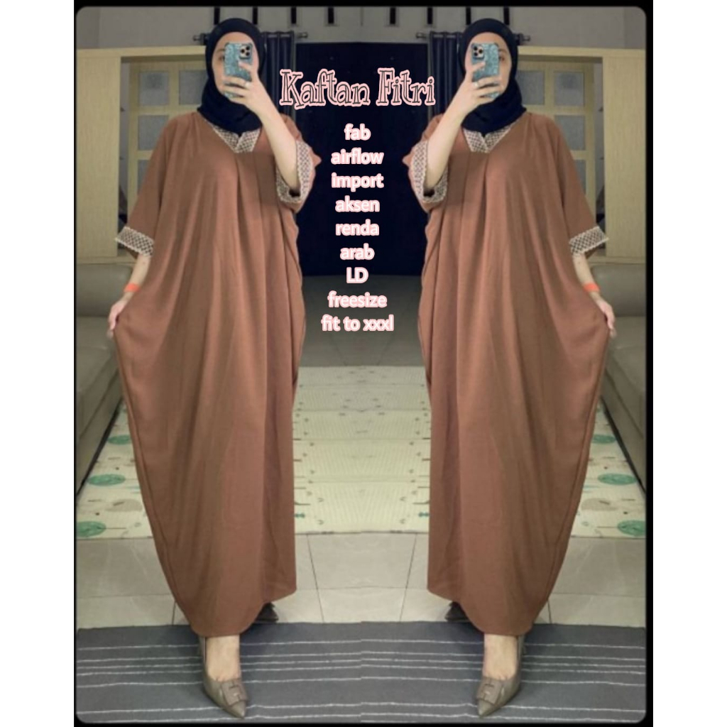 Kaftan Fitri Crinkle Airflow Aksen Renda Muslim Kaftan Lebaran Original Produk