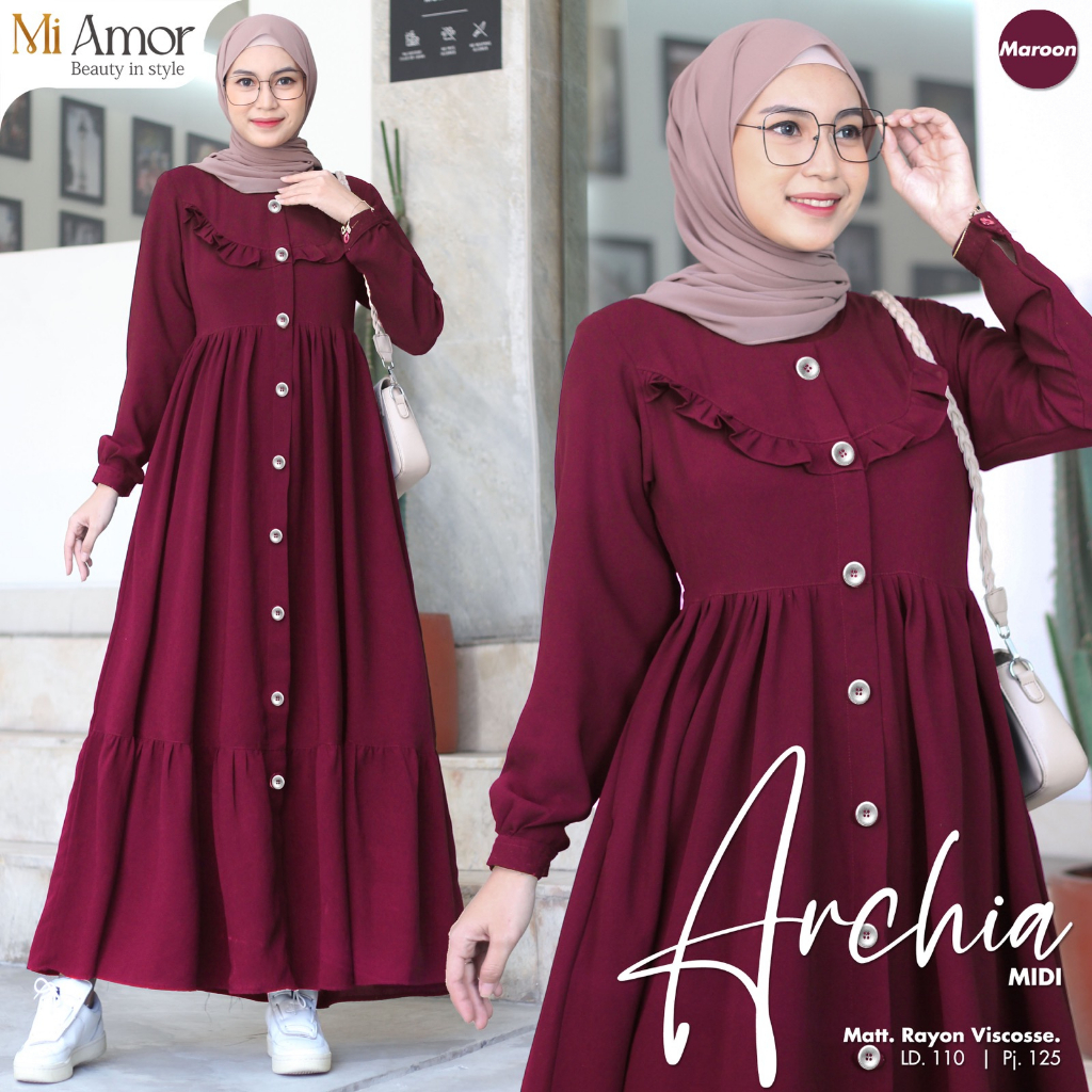 Archia Midi Dress Gamis Muslim Rayon Viscouse Premium Original Produk By Moira