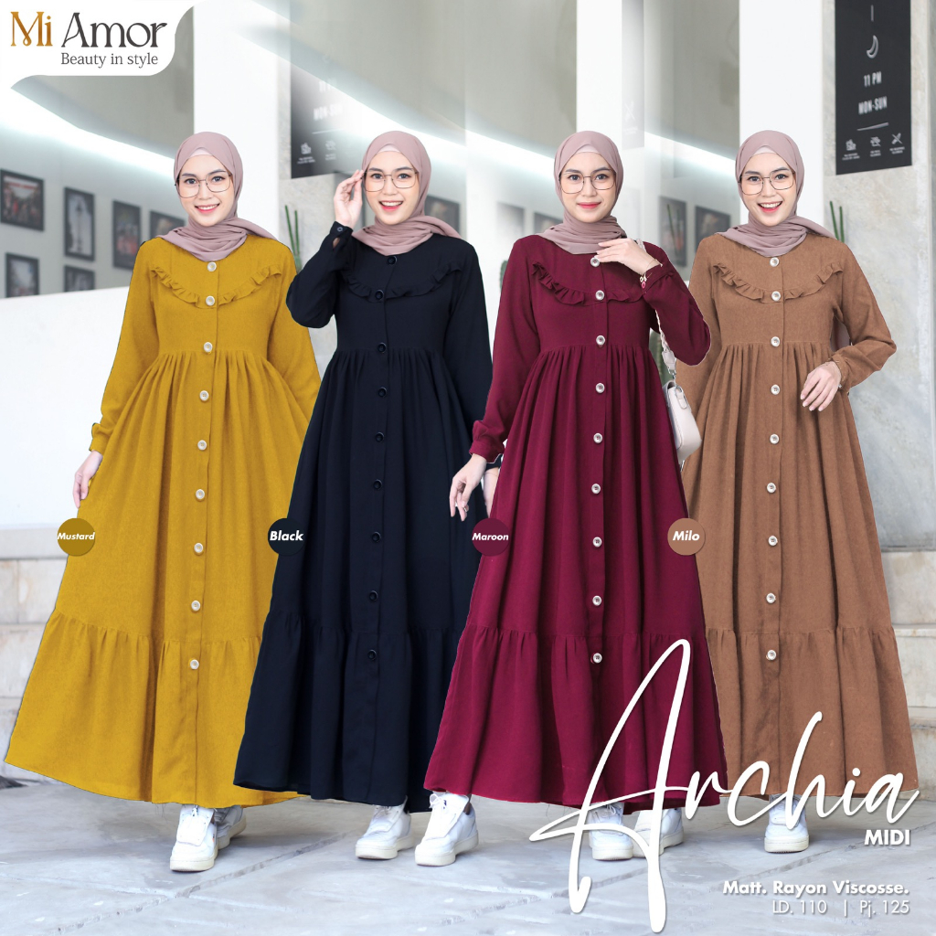 Archia Midi Dress Gamis Muslim Rayon Viscouse Premium Original Produk By Moira