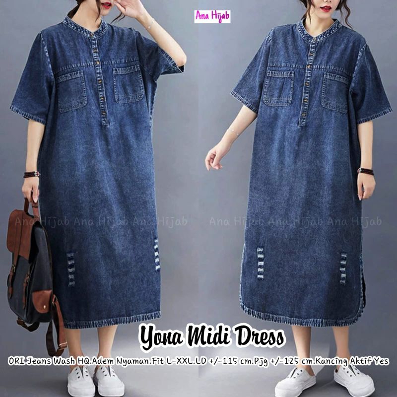 YONA MIDI DRESS // DRESS MIDI BAHAN JEANS WASH ORI BY ANA HIJAB