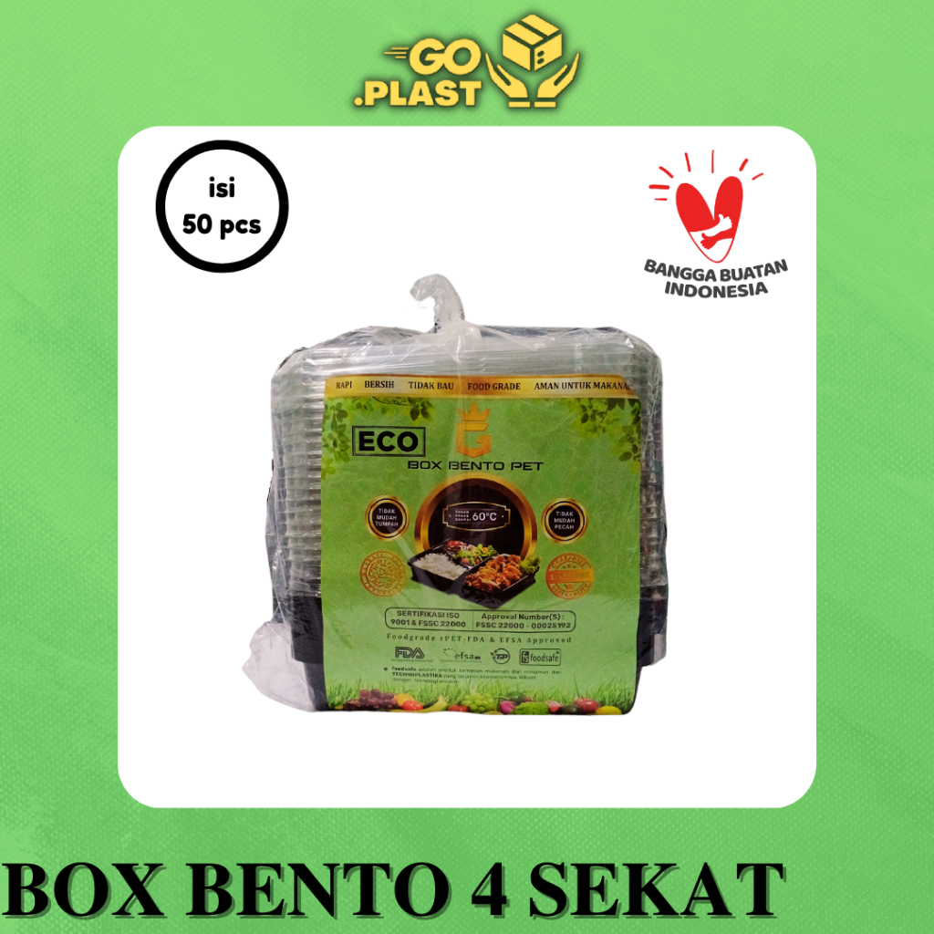 MIKA BENTO SEKAT 4 TPP BOX BENTO PET / BENTO BOX MIKA SEKAT 4 / BOX HOKBEN isi 50pcs