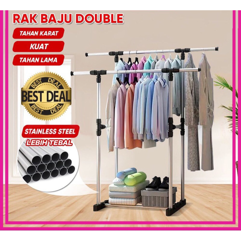 Double Pole / Stand Hanger Single Gantungan Jemuran Pakaian Handuk