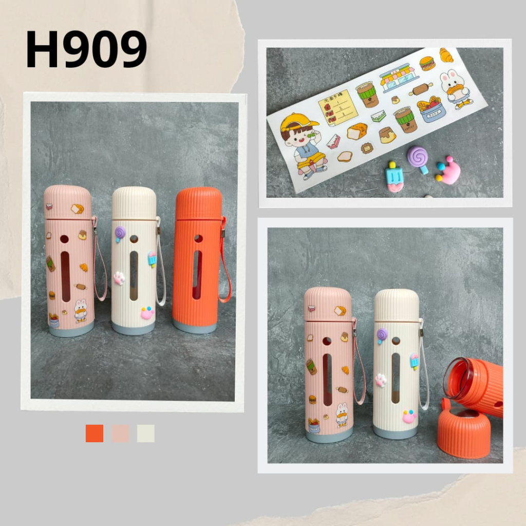 H909 [FREE STICKER] Botol Air Minum Kaca Mini Lapis Plastik Lucu Warna Pastel Dengan Tali 380ML