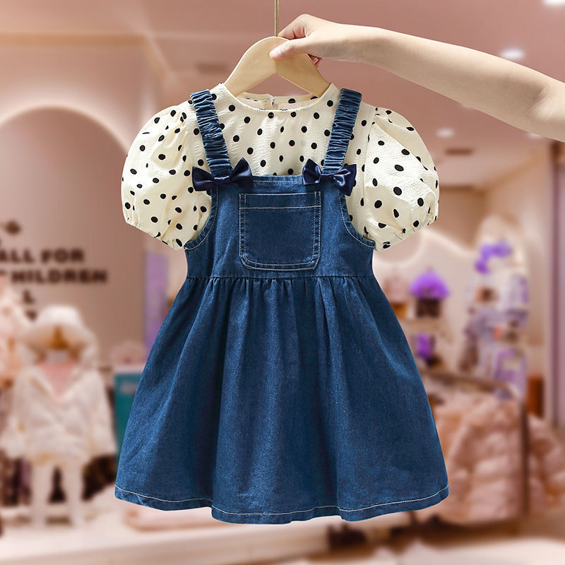 DR54-Dress Anak Perempuan Overall Kaos Polka + Overall Jeans