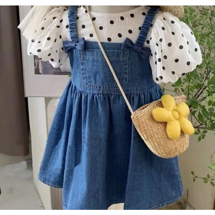 DR54-Dress Anak Perempuan Overall Kaos Polka + Overall Jeans