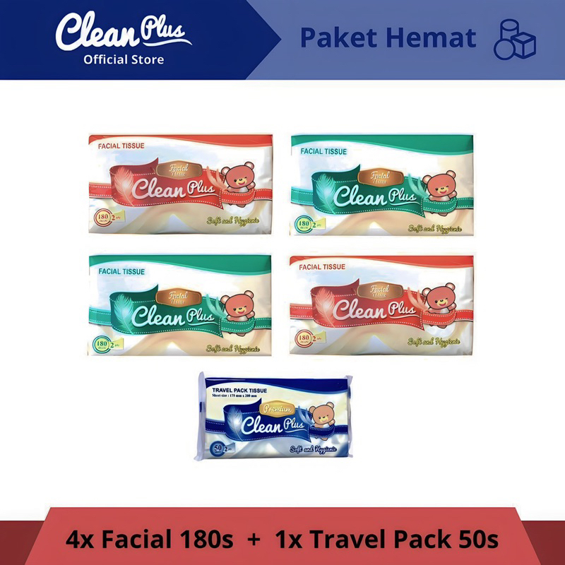 Clean Plus Softpack Tissue 180 Sheets Beruang 2 PLY