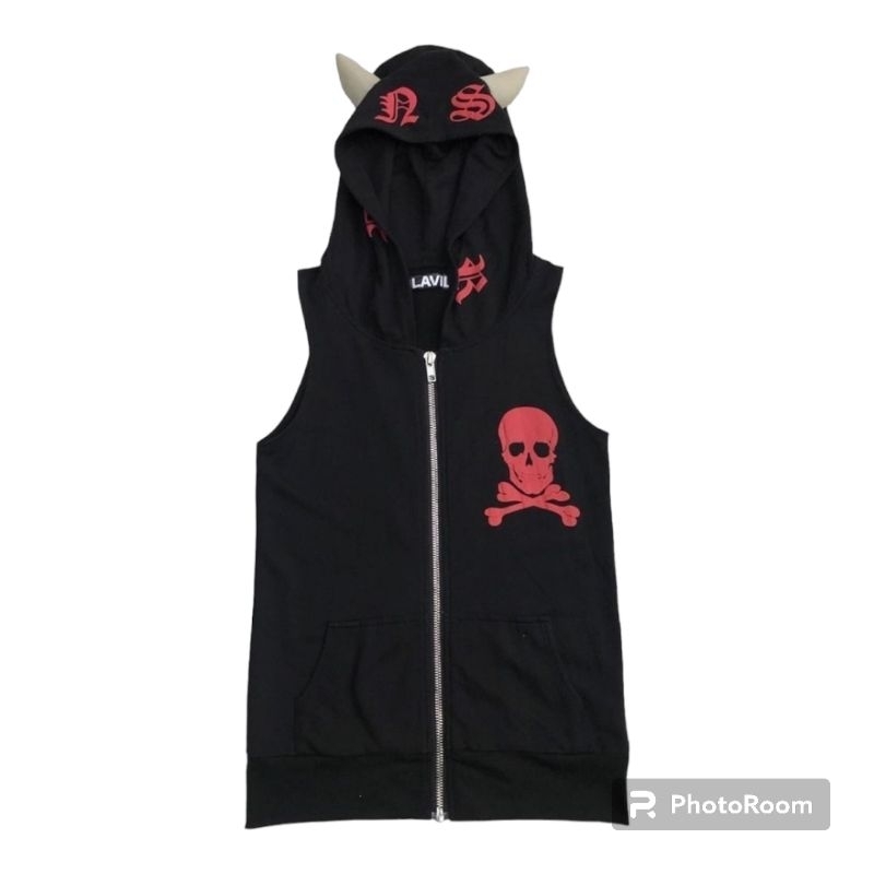 GLAVIL Devil Horns Skeleton Sleeveless Zip Hoodie || y2k grunge mad punk madpunk harajuku gothic