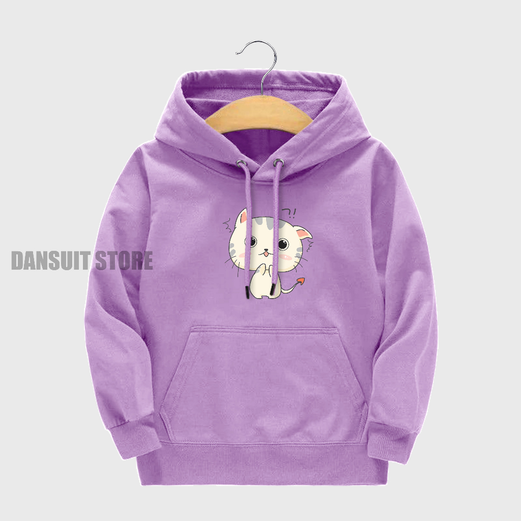 Sweater Hoodie Anak Perempuan Motif Sablon CUTE CAT Usia 4-13 Tahun Warna Pastel Bahan Tebal Premium