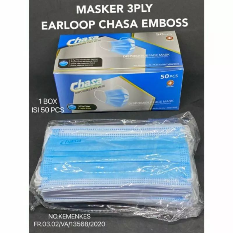 Chasa Blue Edition Earloop 3ply Diposable Face Mask Premium Quality Embos Chasa Box Isi 50 pcs
