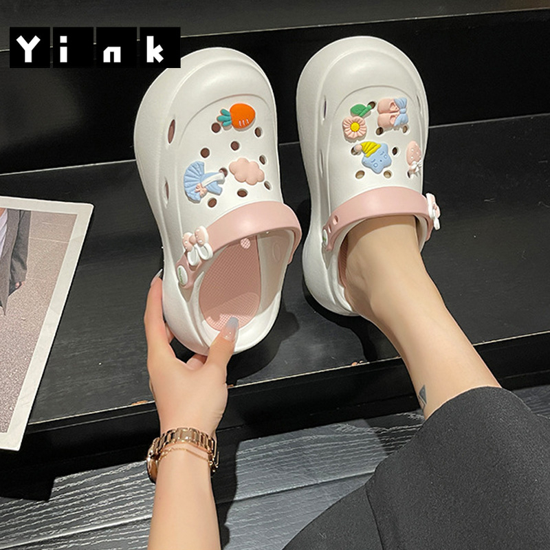 Yink Sendal Wanita Kekinian Import Terbaru Sendal Wedges Sandal Kodok Sendal Crocs Slip On Jibbitz Fuji Baim Viral Sandal Selop Empuk Eva Platform Stiker 3D Sol Tebal