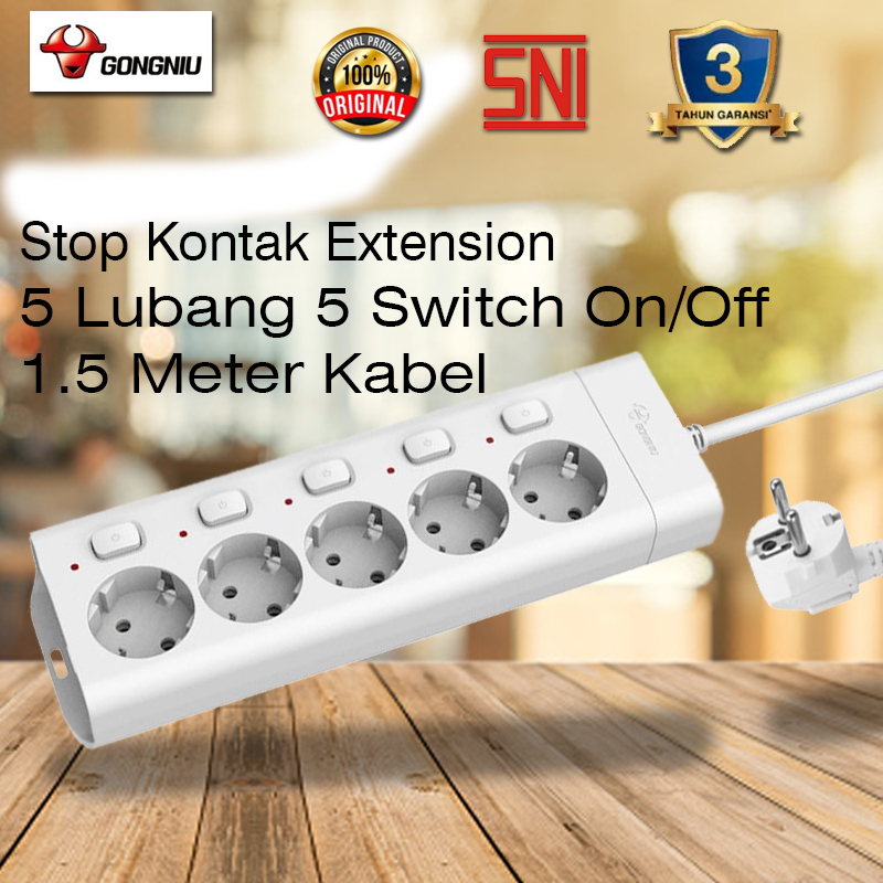 GONGNIU Stop Kontak 5 Switch On Off 5 Lubang Kabel Extension