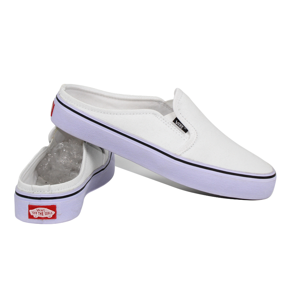 Vans Sepatu Sandal Bustong Slip On Pria Tanpa Tali Putih Slop Casual Kanvas Cowok Simpel