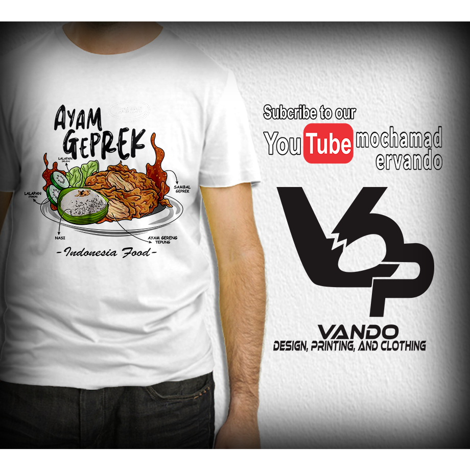 BAJU KAOS AYAM GEPREK / KAOS DISTRO / TSHIRT MAKANAN KULINER INDONESIA FOOD Putih