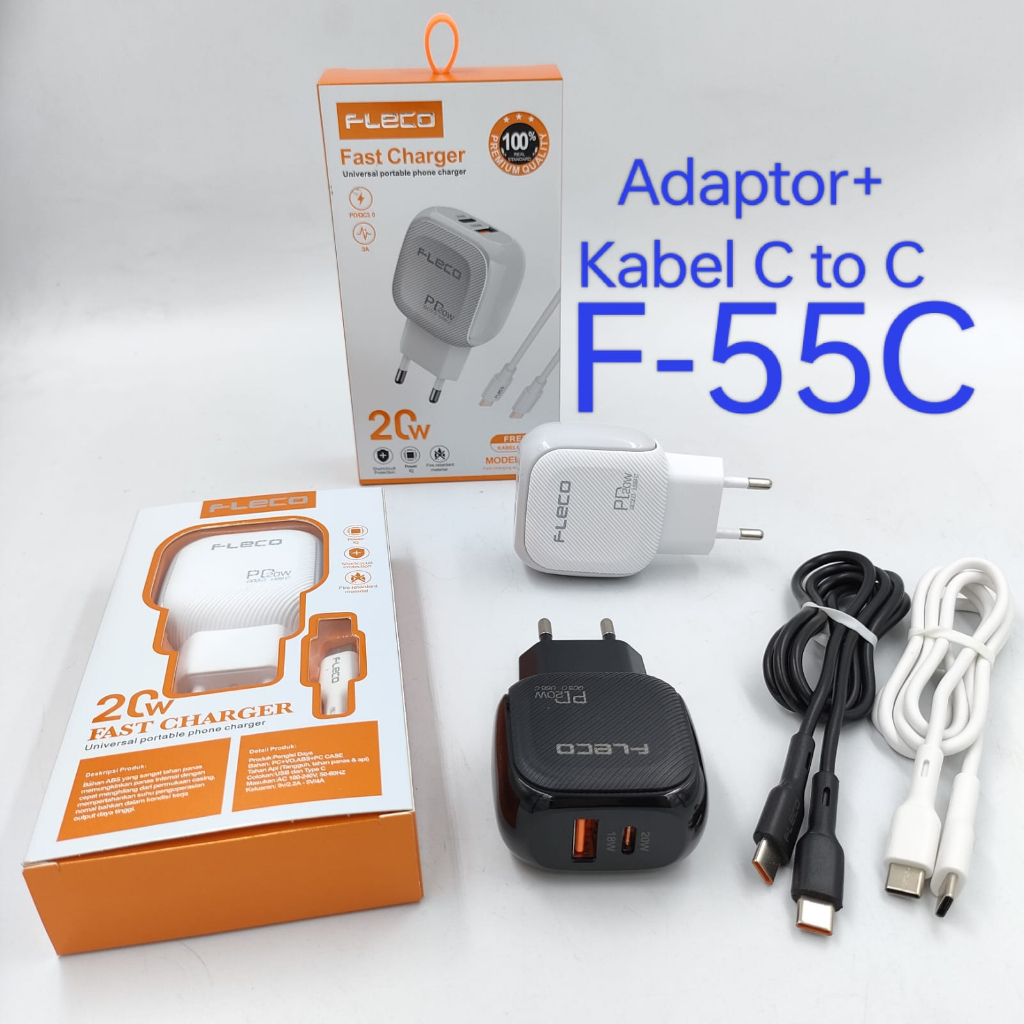 Adaptor TC Casan PD Fast Charging 1 port PD 1 port USB 20 watt Murah F-55C FLECO Free kabel PD C to C