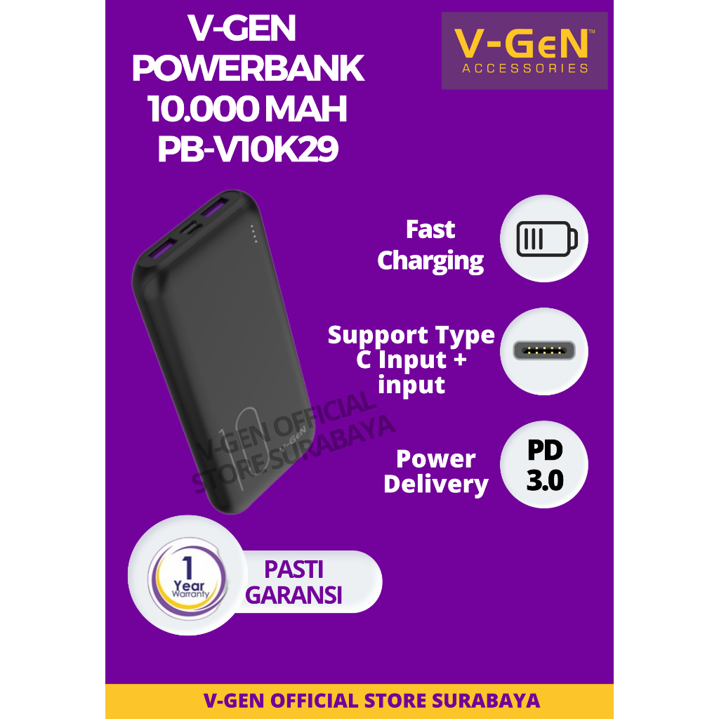 Powerbank V-GeN Rescue V10K29 10000mAh Type C Fast Charging QC PD VOOC