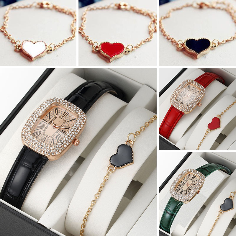 Fashion Wanita Retro Jam Kulit Band Berlian Kecil Hijau Menonton- Set Gelang Bonus Box Cantik（No box）