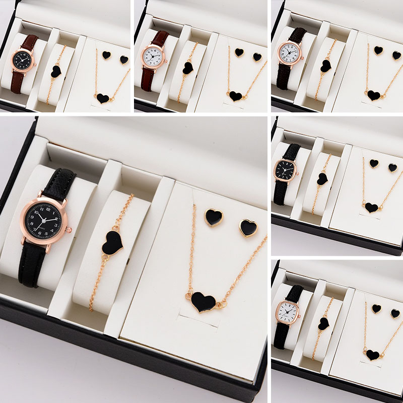 5PCS Wanita Set Mewah Kulit Wanita Kuarsa Jam Tangan Fashion Gelang Kalung Telinga Studs Watch Set Tidak Ada Kotak