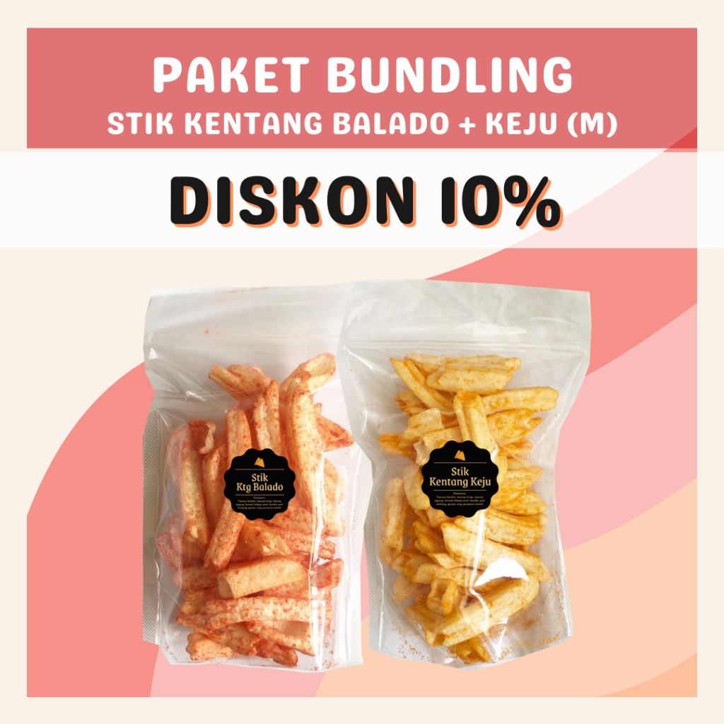 [DELISH SNACKS] Paket Bundling Stik Kentang Asin + Balado + Keju (M) / Snack Cemilan Camilan Potato Stick Asin Gurih Pedas