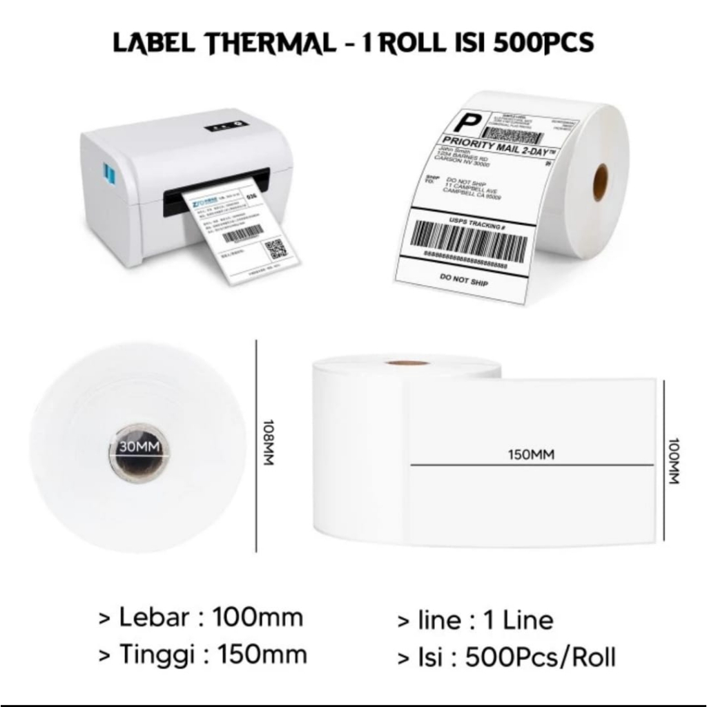 

Label Thermal Sticker 100 x 150 mm (A6) isi 500 pcs - ROLL