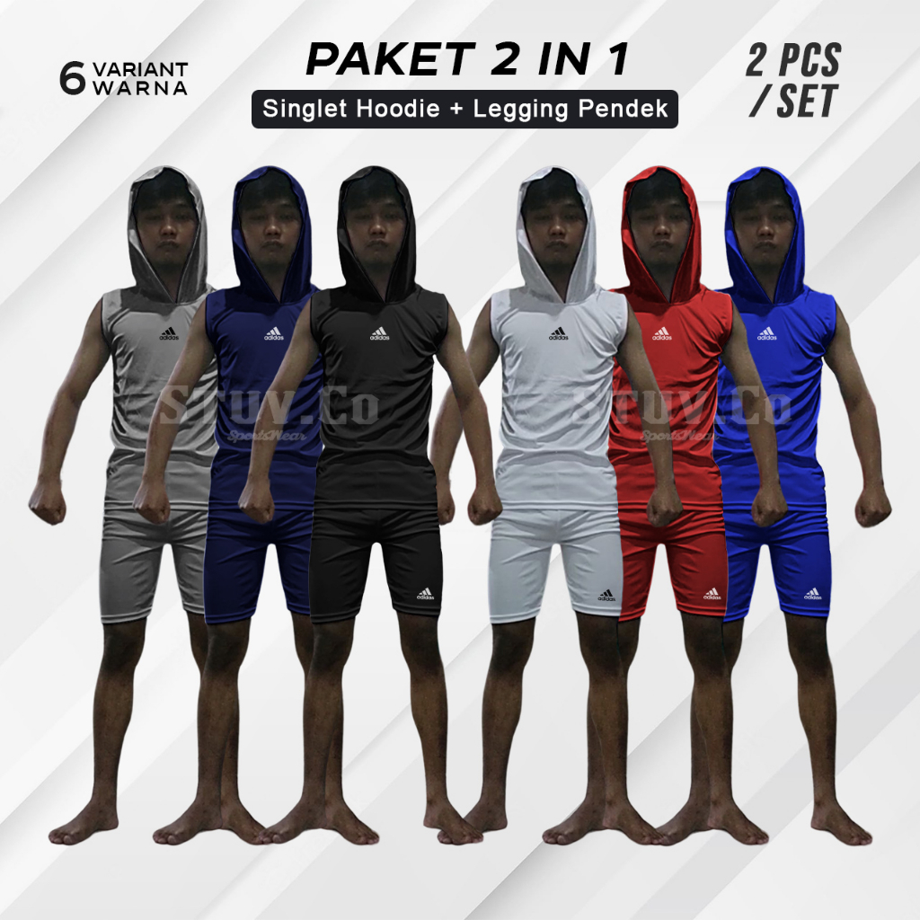 PAKET 2IN1 SETELAN OLAHRAGA BASELAYER SINGLET HOODIE DAN LEGGING PENDEK PRIA WANITA