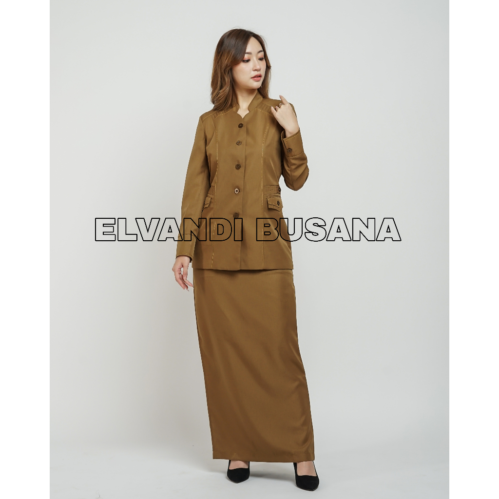 SETELAN JAS WANITA / SERAGAM KERJA BLAZER WANITA / SERAGAM GURU / SERAGAM SET ROK VEST KHAKI TUA