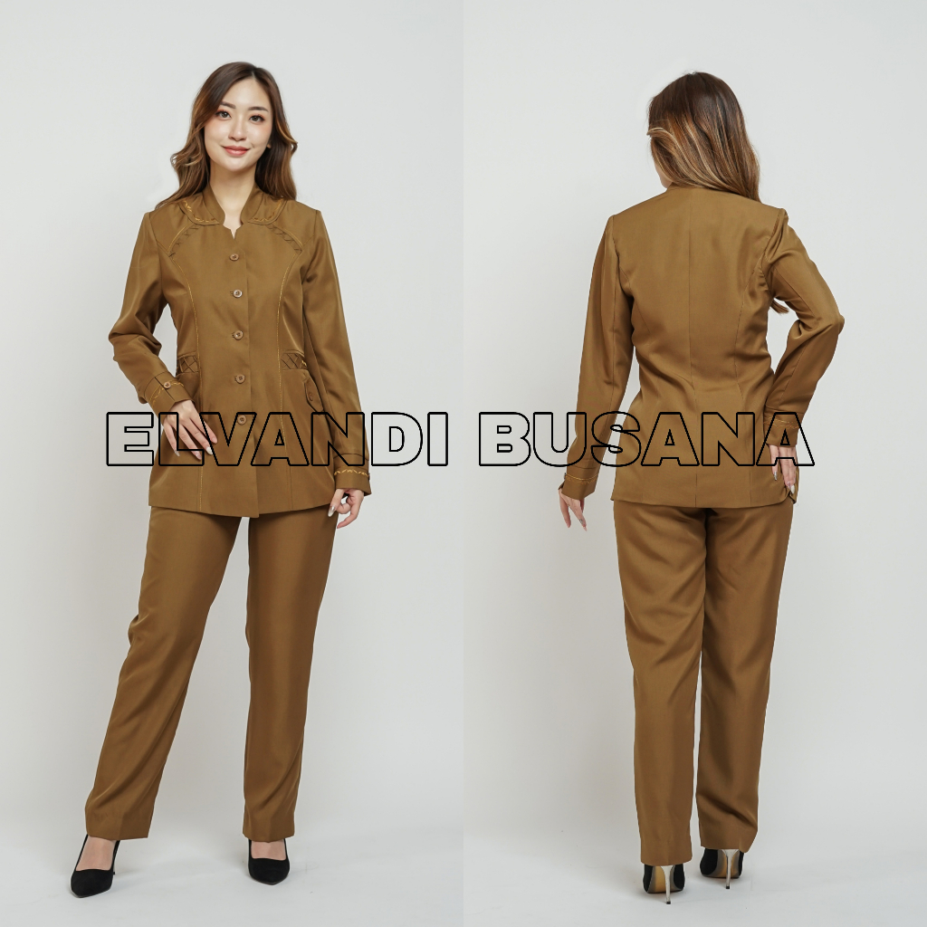 SETELAN JAS WANITA / SERAGAM KERJA BLAZER WANITA / SERAGAM GURU / SERAGAM SET CELANA VEST KHAKI TUA