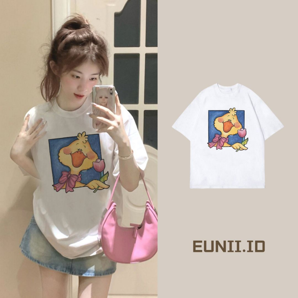 EUNII T-shirt Lengan Pendek Cartoon Duck Korean Style/Kaos Atasan Wanita/Baju Kaus Oversize Wanita/Kaos Wanita