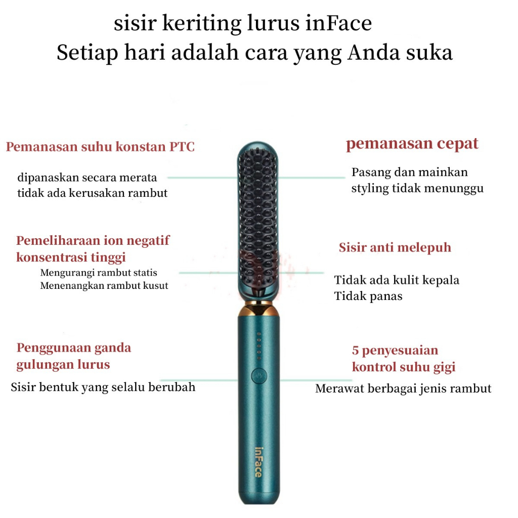 INFACE Catokan Sisir Pelurus Rambut alat catok rambut Curly Rambut catokan 2 in 1 Wet Dry Dual Use 25 Watts ZH10D