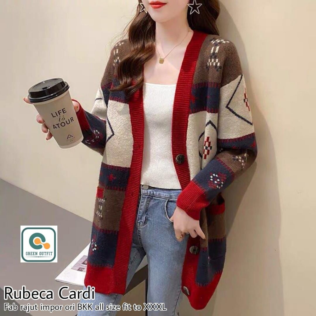 rubeca cardi cardy atasan baju cardigan sweater sweter switer outer knit rajut tebal motif over big 
