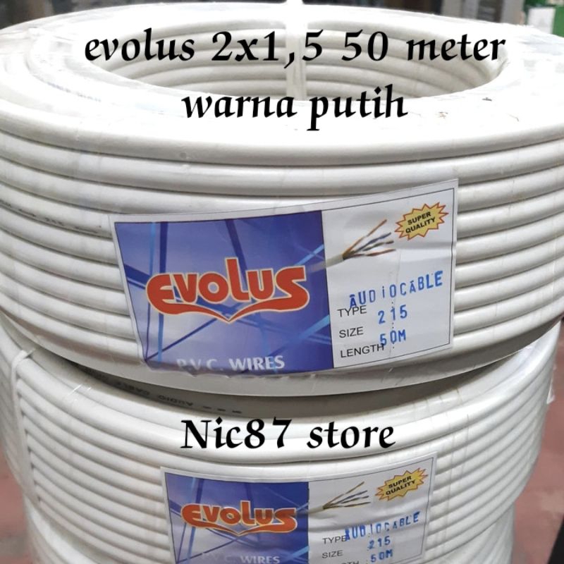 kabel listrik evolus 2x1,5 50meter warna putih kabel serabut isi 2 serabut