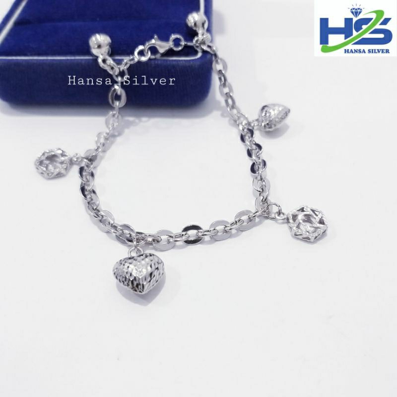 Gelang Perak Asli Silver Wanita 925 Lapis Emas Putih Rantai Love - Perhiasan Perak Asli