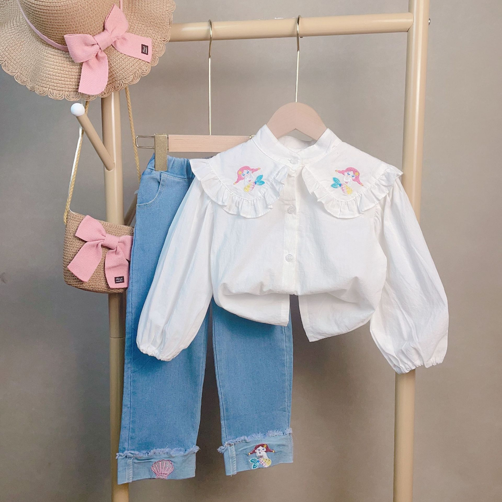 SSP18-Setelan Set Anak Perempuan Kemeja + Jeans Mermaid Shell