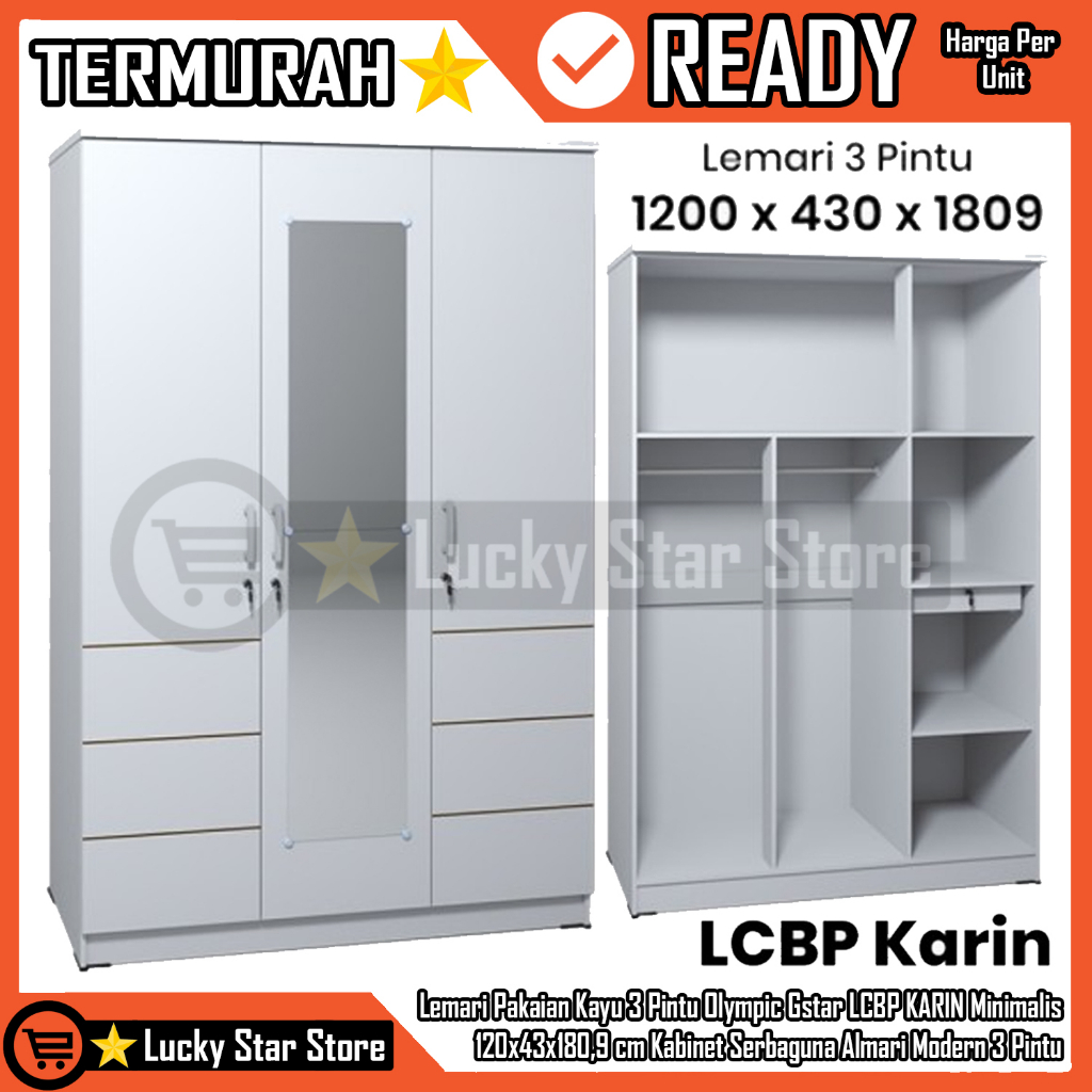 [Instan] Lemari Pakaian Kayu 3 Pintu Olympic Gstar LCBP KARIN Baju Wadrobe 120x43x180,9 cm Kabinet S