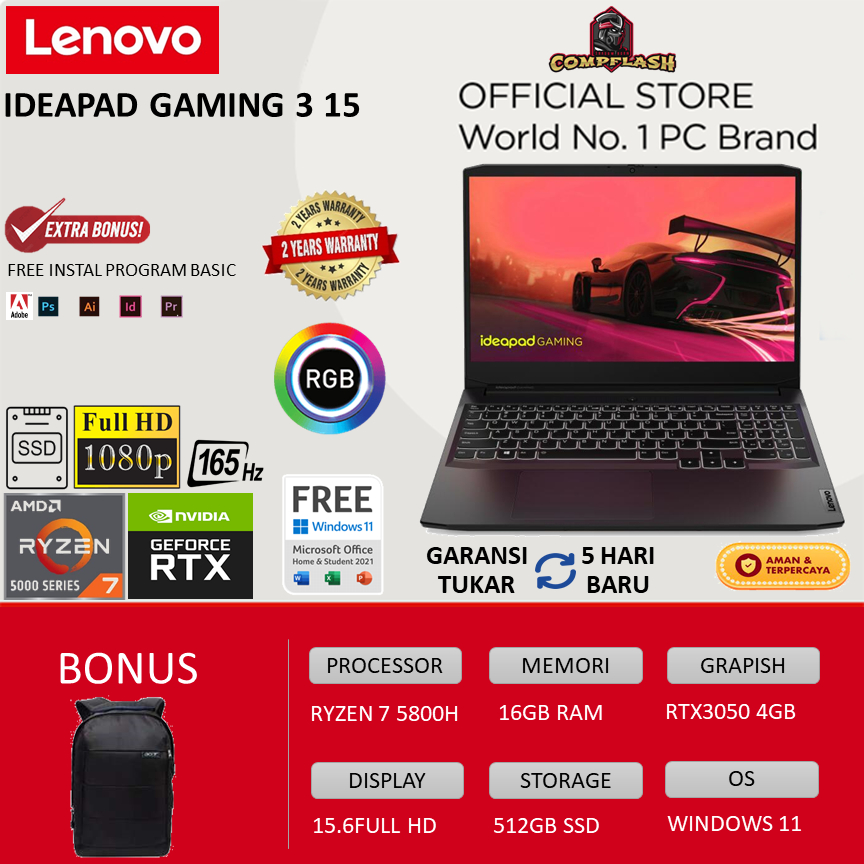 LENOVO IDEAPAD GAMING 3 15 - RYZEN 7 5800H 8GB 512SSD RTX3050  WINDOWS 11 15.6FHD 165HZ 100SRGB