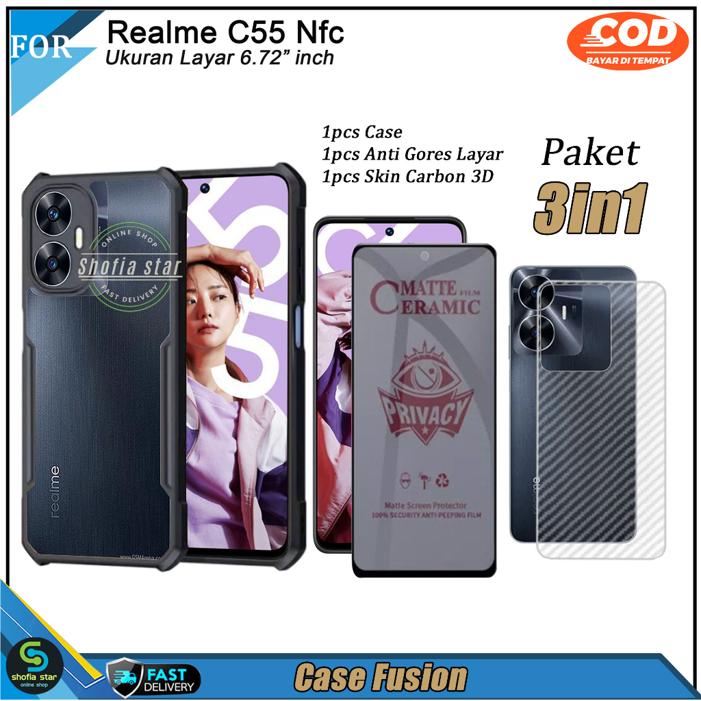 PAKET 3in1 Case Realme C55 NFC C53 NFC Soft Case Fusion Shockproof Transparan Casing