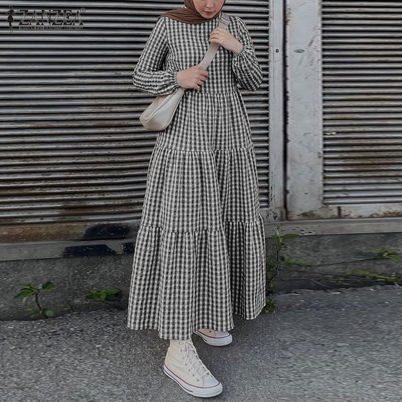 ZANZEA Women Muslim Street Fashion Puff Sleeve Bubble Plaid Pleated Doll Dress