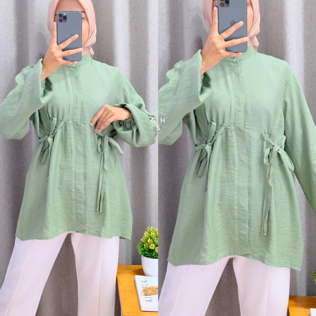 OZARA KEMEJA TALI KERUT PINGGANG ATASAN WANITA BLOUSE BUSUI POLO LINEN PREMIUM (AMD)