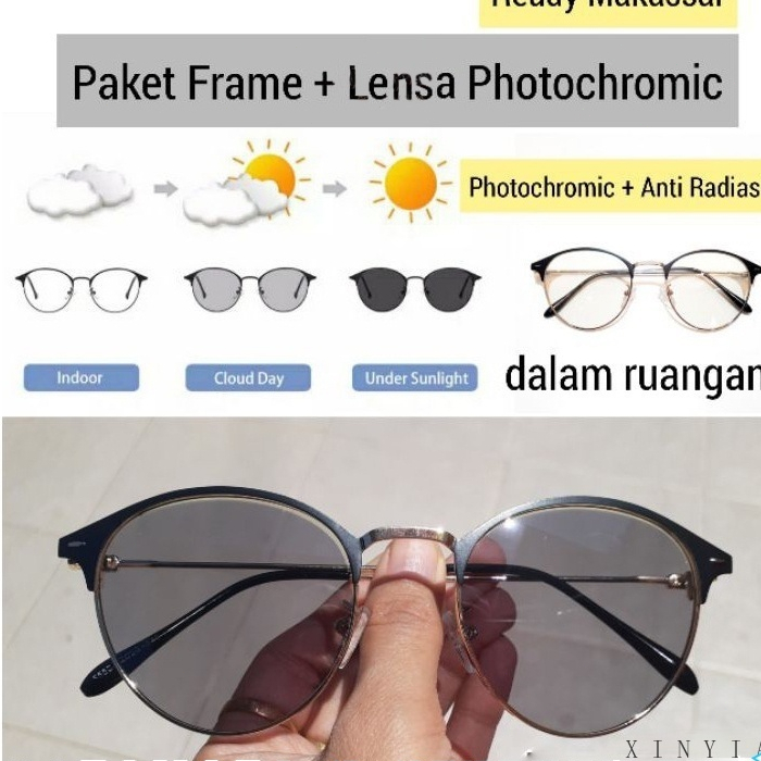 [2 In 1 Photocromic] Kacamata Lensa Photocromic + Anti Radiasi Blueray (Bluechromic) Pria Wanita Frame Besi Photochromic - SR